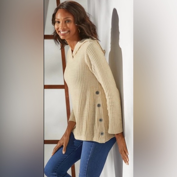 Soft Surroundings Hooded Side Button Chenille Pullover Fresh Powder Sweater Med - Picture 1 of 11